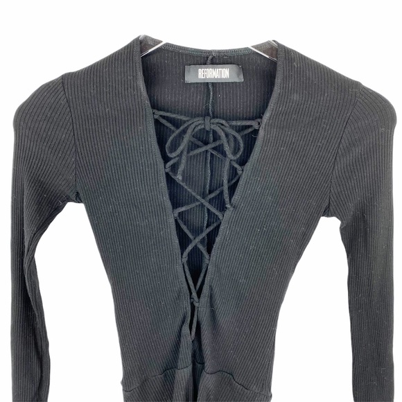 REFORMATION Avalon Plunge Lace Up Bodysuit Black Lace Up XS - Picture 6 of 9